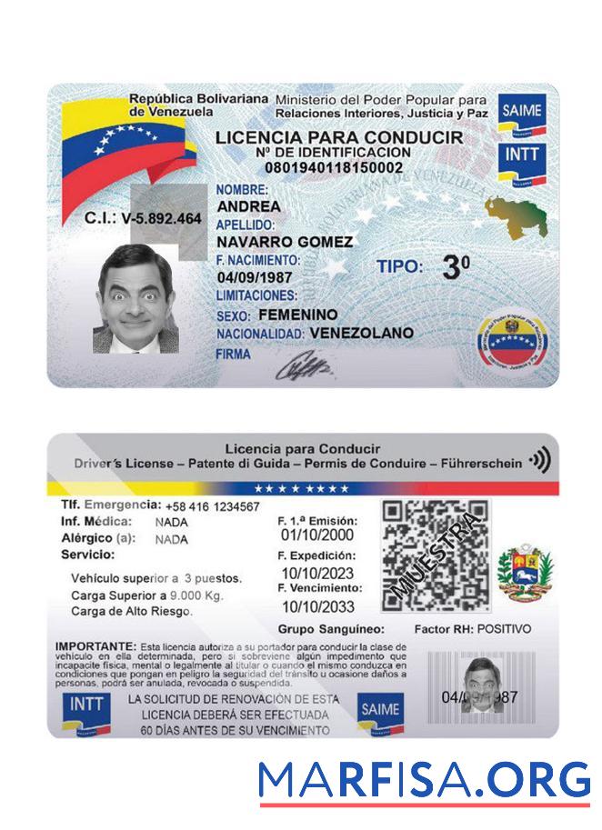 Blank Venezuela driving license 2023 present download for verification